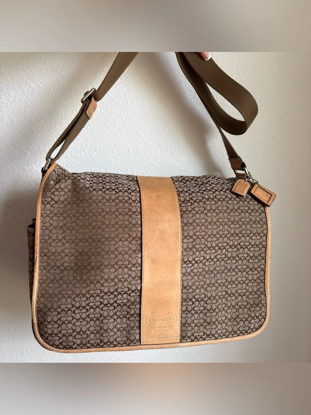 COACH Brown Signature Canvas Messenger with Tan Leather Center Stripe